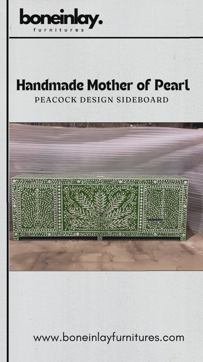 Video showcasing green mother of pearl peacock design large credenza sideboard cabinet, handmade Indian luxury furniture