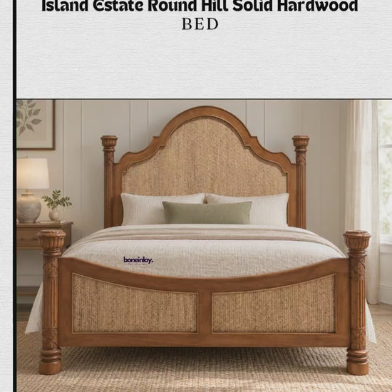 Solid hardwood four-poster bed frame with herringbone woven Lampakanai cane panels, carved posts, and warm walnut finish