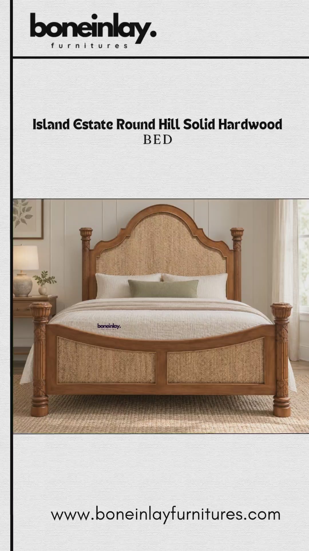 Solid hardwood four-poster bed frame with herringbone woven Lampakanai cane panels, carved posts, and warm walnut finish