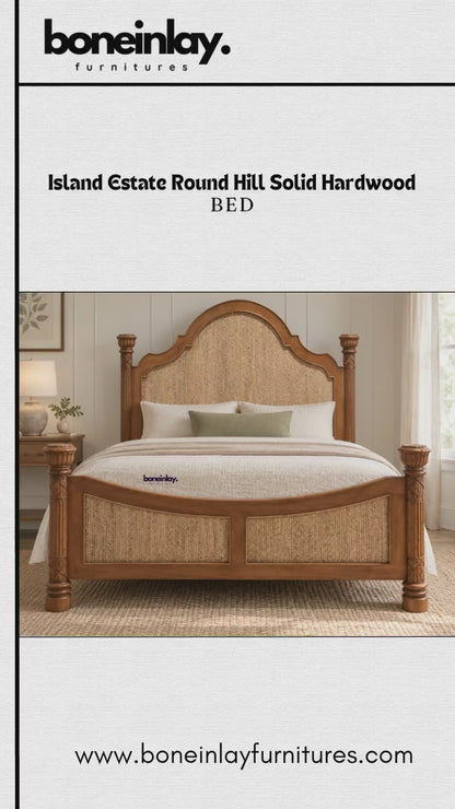 Solid hardwood four-poster bed frame with herringbone woven Lampakanai cane panels, carved posts, and warm walnut finish