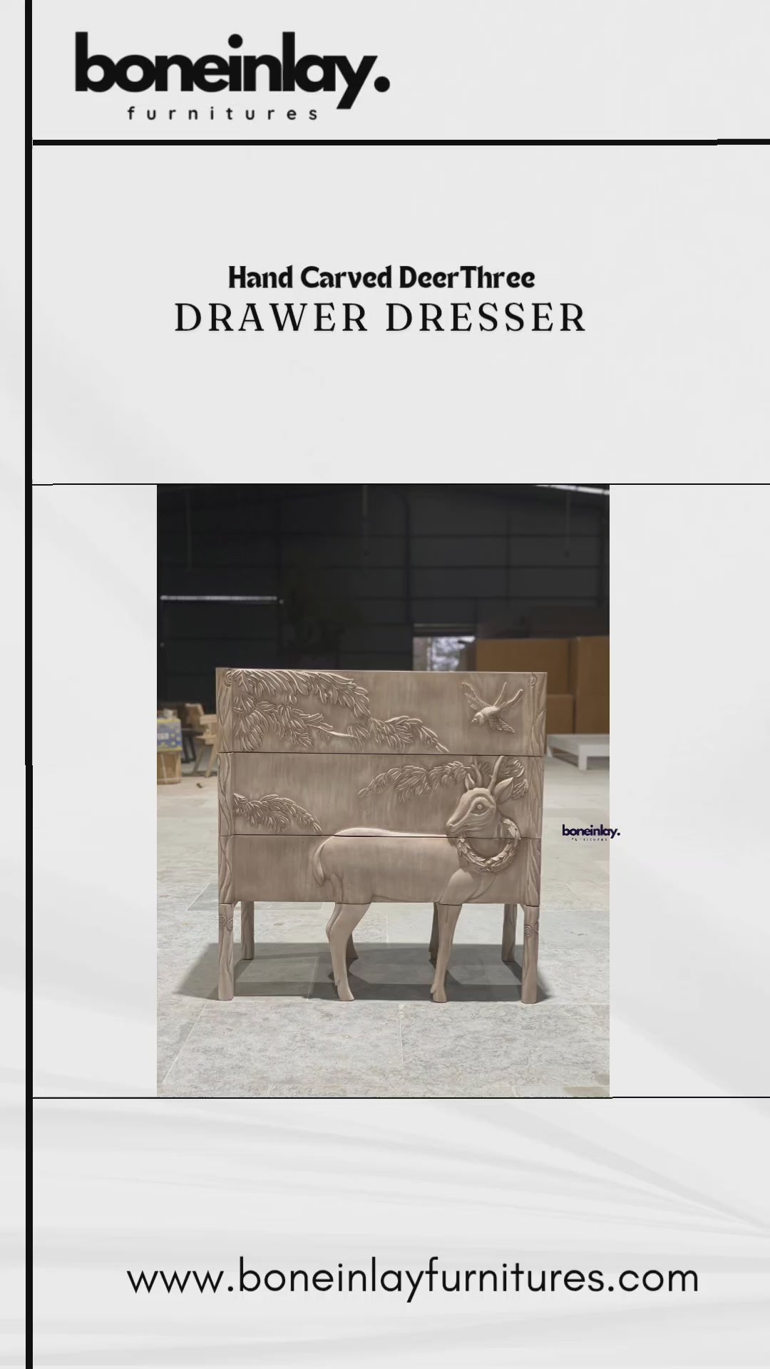 A three-drawer wooden dresser made from light-grained, uniquely hand-carved with a continuous wildlife and nature scene. The design features a prominent deer and a flying bird amidst lush trees and foliage, spanning across the drawer fronts for a seamless 3D effect. The land & sky dresser is finished with minimalist, integrated side handles and sturdy square legs, blending artisanal storytelling with functional furniture design.