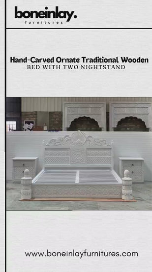 A promotional video showcase for the "Hand-Carved Ornate Traditional Wooden Bed with Two Nightstands" by Boneinlay Furnitures.

It details the all-white bedroom set featuring intricate floral and traditional motif carvings on the headboard, frame, and nightstands.

The video highlights close-ups of the craftsmanship, drawer functionality, bed assembly with slatted frame, and promotional purchasing perks.