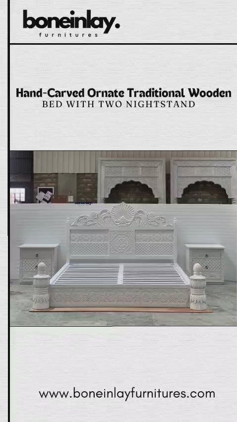 A promotional video showcase for the "Hand-Carved Ornate Traditional Wooden Bed with Two Nightstands" by Boneinlay Furnitures.

It details the all-white bedroom set featuring intricate floral and traditional motif carvings on the headboard, frame, and nightstands.

The video highlights close-ups of the craftsmanship, drawer functionality, bed assembly with slatted frame, and promotional purchasing perks.