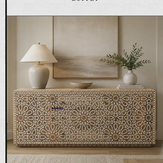Hand Carved Albaron Buffet with intricate geometric star-pattern bone inlay on solid mango wood — video showcasing smooth metal drawer glides, dual cabinet doors with adjustable interior shelves, and brass-finished iron hardware. Artisan-crafted sideboard, made to order, each piece is a unique handcrafted creation with natural variations in inlay pattern and wood grain.