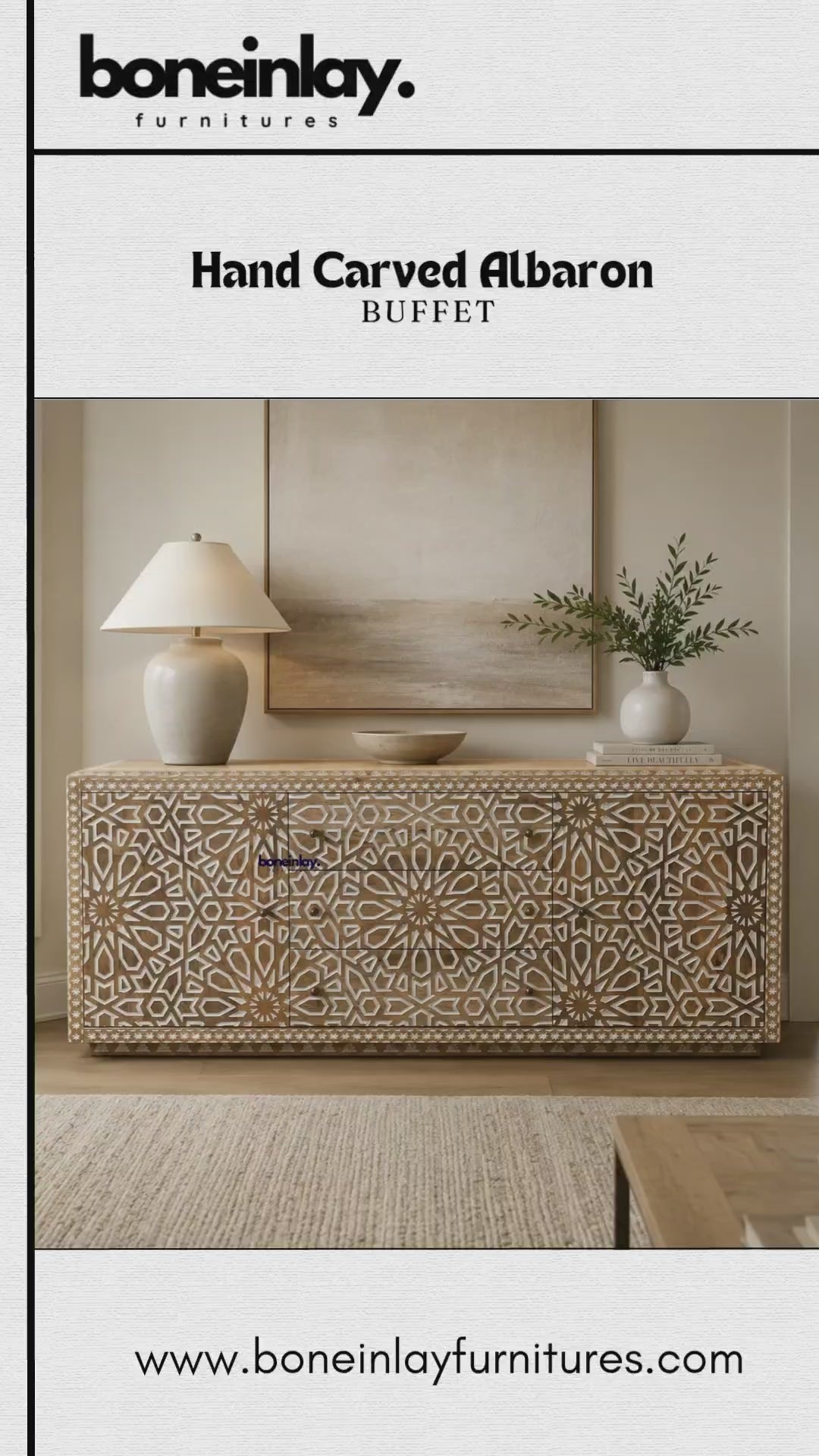 Hand Carved Albaron Buffet with intricate geometric star-pattern bone inlay on solid mango wood — video showcasing smooth metal drawer glides, dual cabinet doors with adjustable interior shelves, and brass-finished iron hardware. Artisan-crafted sideboard, made to order, each piece is a unique handcrafted creation with natural variations in inlay pattern and wood grain.