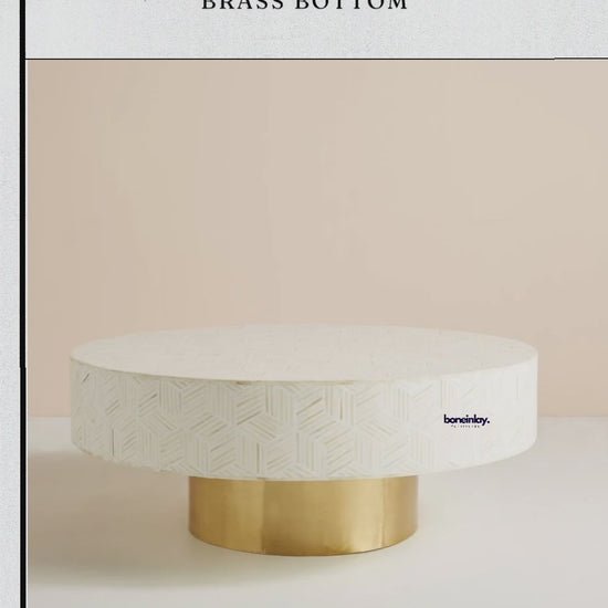 A round bone inlay coffee table featuring an off-white geometric geometric tile pattern and a polished brass cylindrical base. The video showcases close-up details of the handcrafted bone inlay craftsmanship on the table surface, along with an interior design setting featuring the coffee table styled in a modern, elegant living room.