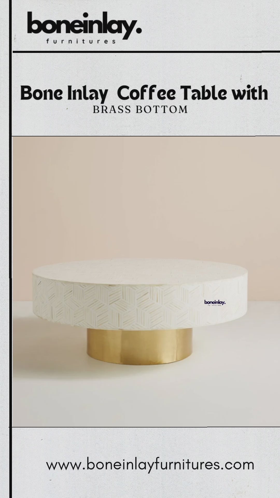 A round bone inlay coffee table featuring an off-white geometric geometric tile pattern and a polished brass cylindrical base. The video showcases close-up details of the handcrafted bone inlay craftsmanship on the table surface, along with an interior design setting featuring the coffee table styled in a modern, elegant living room.