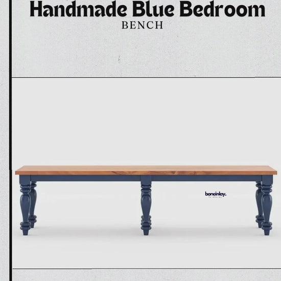 Handmade wooden bedroom bench finished in a rich blue painted color.
Solid wood construction with a sturdy four-leg base design.
Traditional hand-carved or turned detailing adds artisanal character.
A versatile accent piece for the foot of a bed or entryway seating.