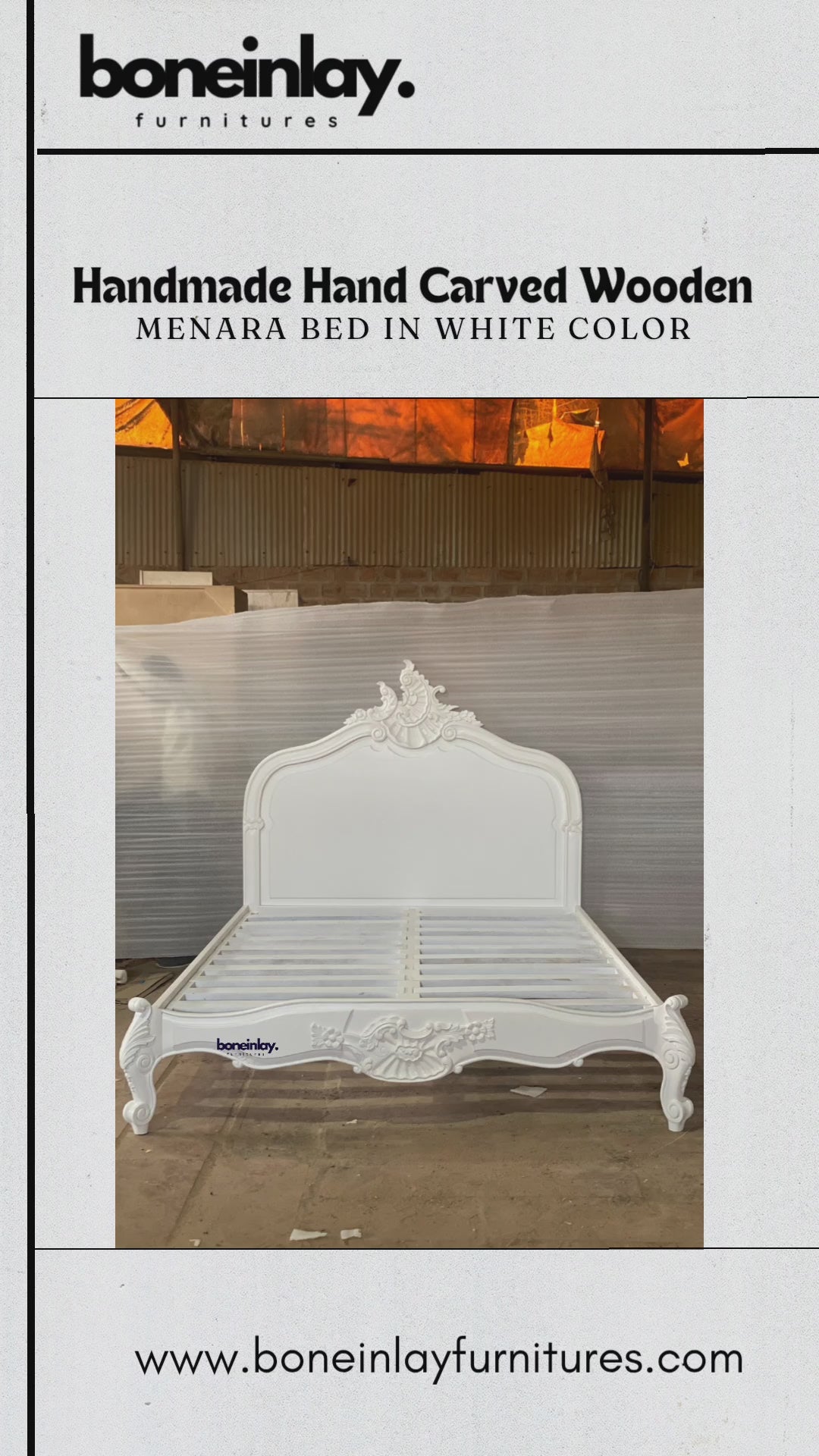 An advertisement video features a pristine white, handmade hand-carved wooden "Menara Bed" styled in elegant French Rococo design with an ornate shell-and-floral headboard, cabriole legs, and detailed relief carvings. The video pans smoothly across the empty platform frame inside a warehouse setting, showcasing its structural design and elaborate artisan craftsmanship up close. It concludes with a call-to-action screen displaying "Shop now," the website URL, and customer benefits like free worldwide deliver