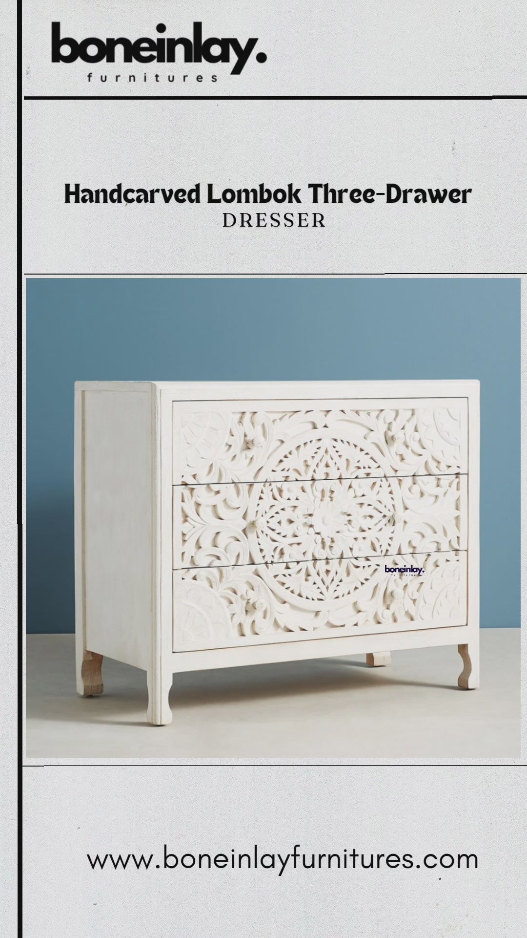 The dresser features a clean, white-washed finish with a large, intricate hand-carved mandala design extending across the front of all three drawers.
A hand is shown opening the middle drawer to reveal the natural grain of the solid wood interior and smooth sliding mechanism.
