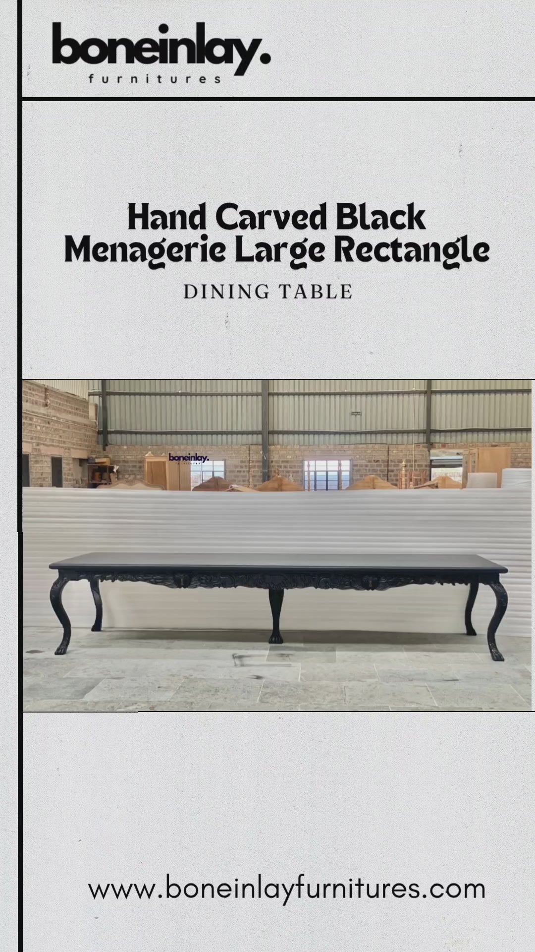 This video presents a grand, large rectangular dining table finished in a sophisticated matte black. The piece is a hallmark of artisan craftsmanship, characterized by its unique "menagerie" theme featuring hand-carved animal and floral motifs.