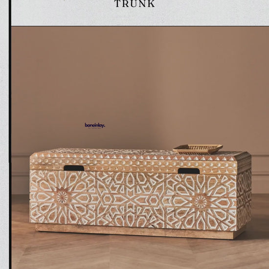 This video showcases a meticulously handcrafted Albaron trunk featuring intricate, hand-carved geometric star patterns across its solid wood exterior. The camera pans to highlight the detailed artisanal textures, smooth wooden lid, and high-quality gold-toned hinges on the spacious interior. The design blends traditional Indian craftsmanship with a sophisticated modern aesthetic, making it a versatile statement piece for storage or decor.