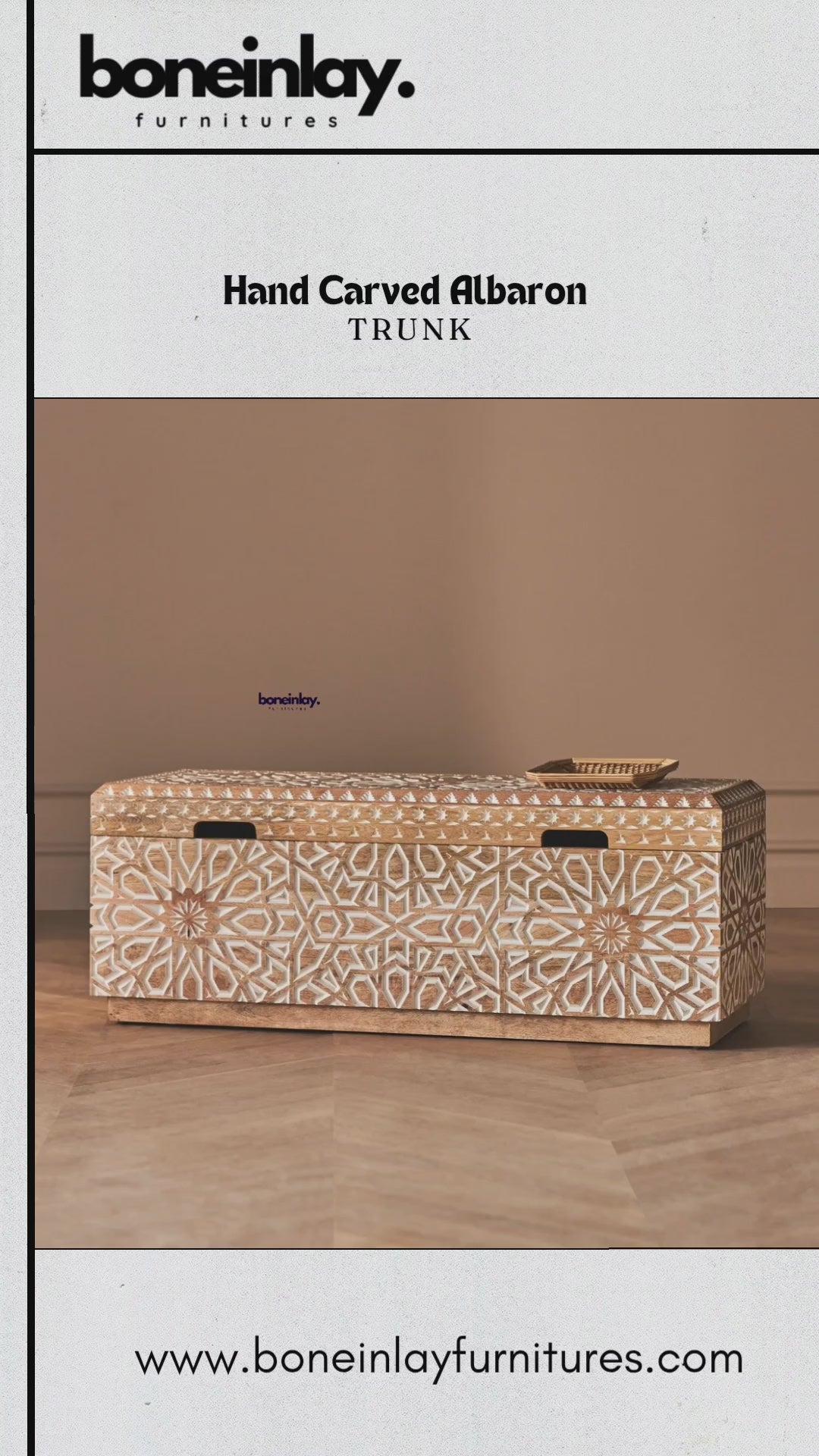 This video showcases a meticulously handcrafted Albaron trunk featuring intricate, hand-carved geometric star patterns across its solid wood exterior. The camera pans to highlight the detailed artisanal textures, smooth wooden lid, and high-quality gold-toned hinges on the spacious interior. The design blends traditional Indian craftsmanship with a sophisticated modern aesthetic, making it a versatile statement piece for storage or decor.
