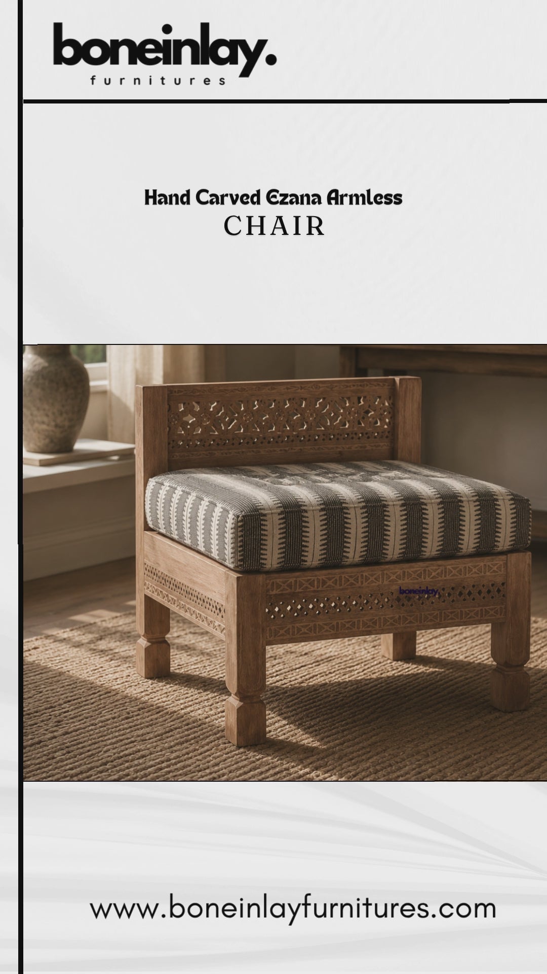 This Hand Carved Ezana Armless Chair Features A Beautifully Detailed Wooden Frame With A Lattice Design On The Backrest And Base. It Includes A Comfortable, Thick Striped Cushion That Perfectly Complements The Light Natural Wood Finish. The Sturdy Square Legs And Intricate Carvings Make It A Perfect Accent Seating Option For A Cozy Corner. Designed By Bone Inlay Furnitures, It Seamlessly Combines Bohemian Elegance With Practical Comfort.