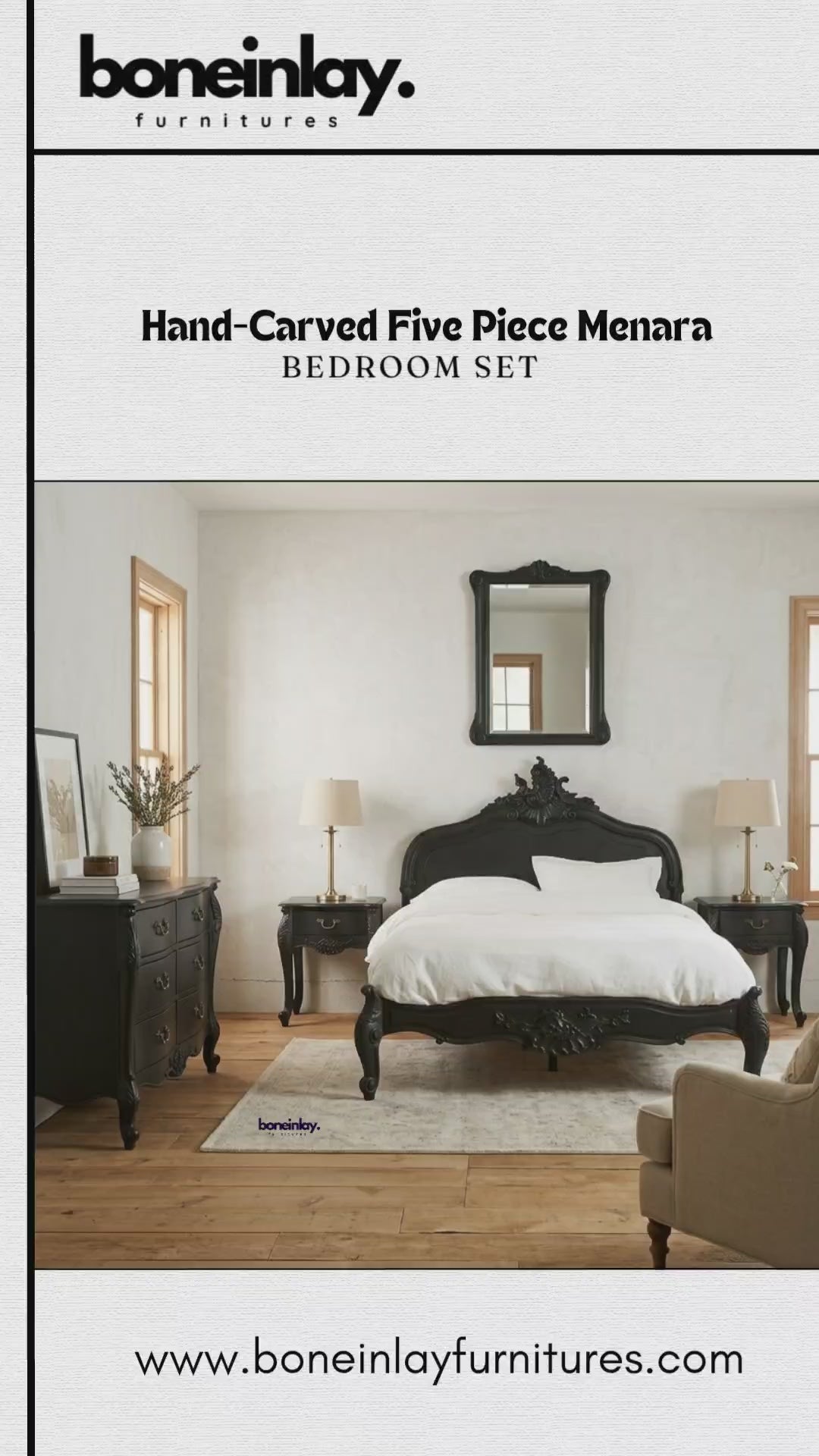A cinematic presentation of the Hand-Carved Five-Piece Menara Bedroom Set in a sophisticated matte black finish. The collection features a majestic queen-size bed frame with an intricate, hand-sculpted Rococo-style headboard and a matching carved footboard. The set includes a grand eight-drawer double dresser with elegant curved fronts and brass-toned hardware, a coordinated hand-carved wall mirror, and two single-drawer French Provincial nightstands on classic cabriole legs. Each piece showcases high-relie