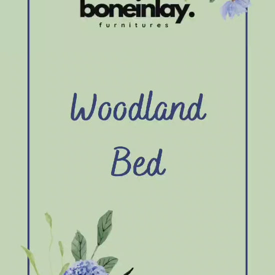 360-degree video showcase of a hand-carved solid wood Anthropologie Woodland bed with birds and floral motifs. Highlighting artisanal craftsmanship and natural honey finish