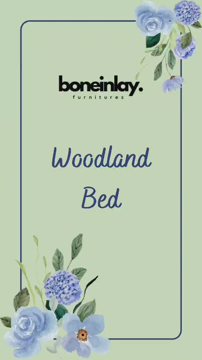 360-degree video showcase of a hand-carved solid wood Anthropologie Woodland bed with birds and floral motifs. Highlighting artisanal craftsmanship and natural honey finish