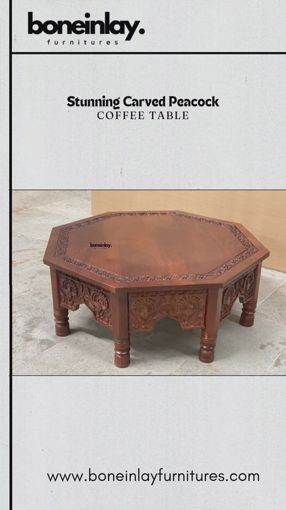 Handmade Stunning Carved Wooden Peacock Storage Drawer Coffee Table