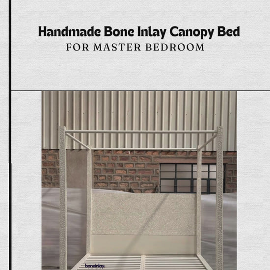 This "Handmade Bone Inlay Canopy Bed" features a grand, four-poster frame covered in a delicate, white-on-beige floral and leaf vine bone inlay pattern. The bed combines a matching inlaid headboard panel with clean, geometric modern lines, adding a refined focal point to any master bedroom. The video displays the piece from multiple angles, highlighting its seamless pattern integration and artisanal craftsmanship.