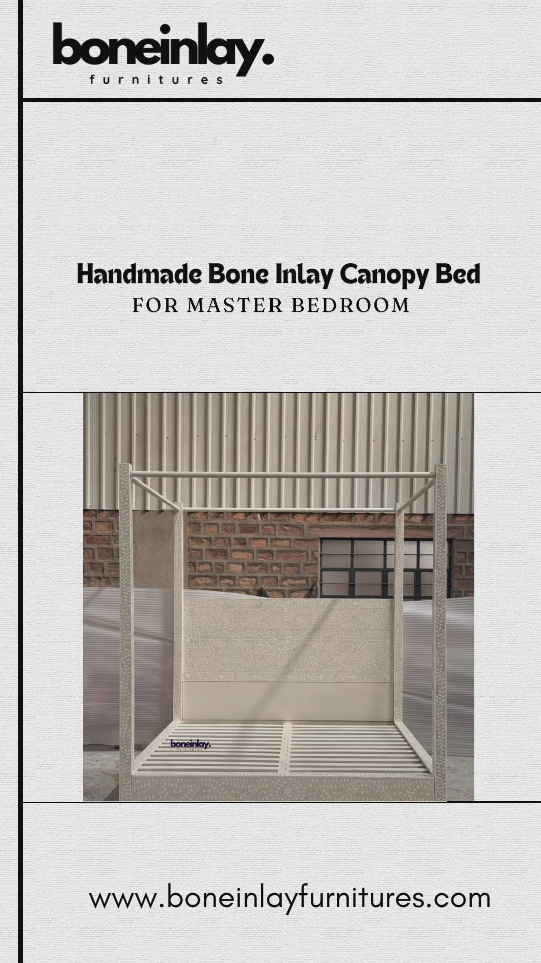 This "Handmade Bone Inlay Canopy Bed" features a grand, four-poster frame covered in a delicate, white-on-beige floral and leaf vine bone inlay pattern. The bed combines a matching inlaid headboard panel with clean, geometric modern lines, adding a refined focal point to any master bedroom. The video displays the piece from multiple angles, highlighting its seamless pattern integration and artisanal craftsmanship.