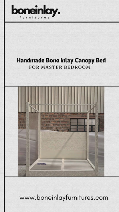 This "Handmade Bone Inlay Canopy Bed" features a grand, four-poster frame covered in a delicate, white-on-beige floral and leaf vine bone inlay pattern. The bed combines a matching inlaid headboard panel with clean, geometric modern lines, adding a refined focal point to any master bedroom. The video displays the piece from multiple angles, highlighting its seamless pattern integration and artisanal craftsmanship.