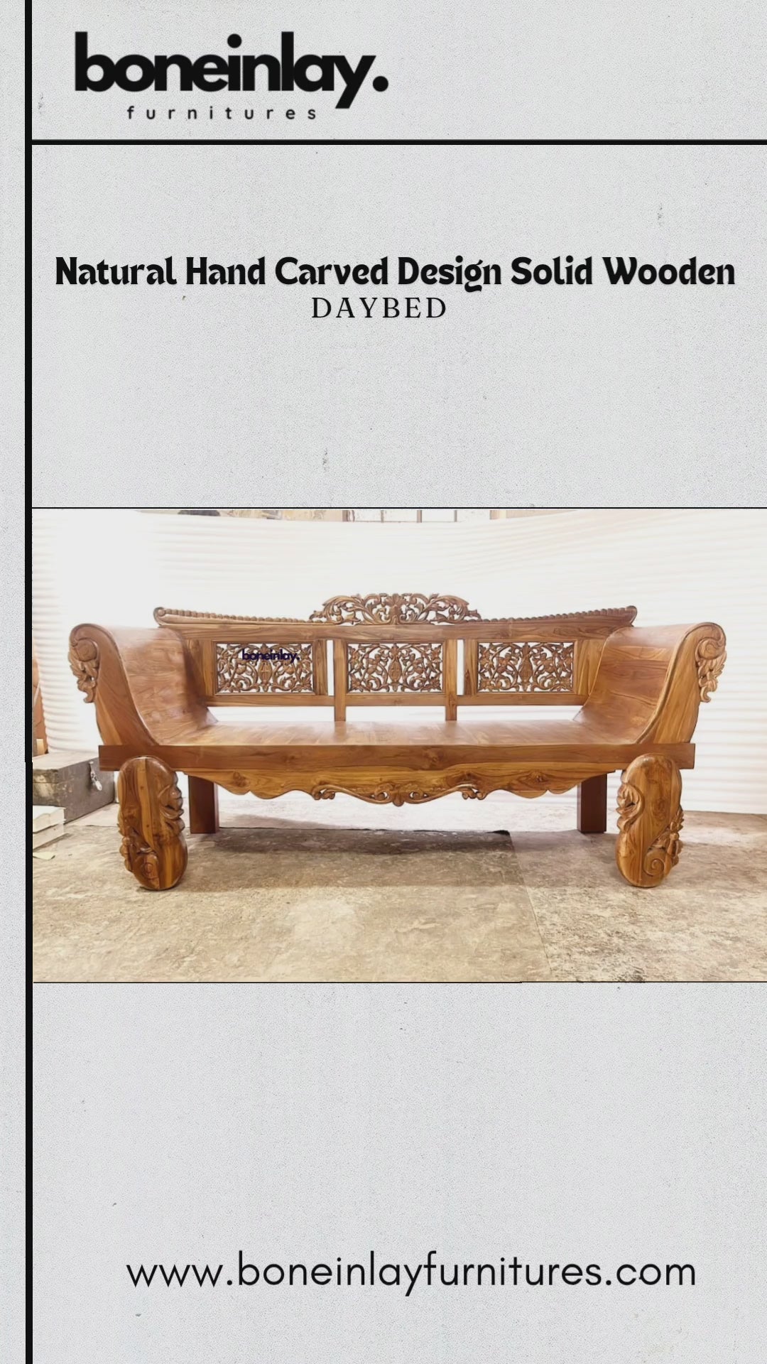 This video showcases a "Natural Hand Carved Design Solid Wooden Daybed" made from high-quality teak with a rich, organic grain. The camera pans across the extensive hand-carved details, including floral and leaf motifs on the backrest panels and side rails. Sturdy, masterfully sculpted legs and a smooth, spacious seating surface highlight the blend of traditional craftsmanship and functional luxury.
