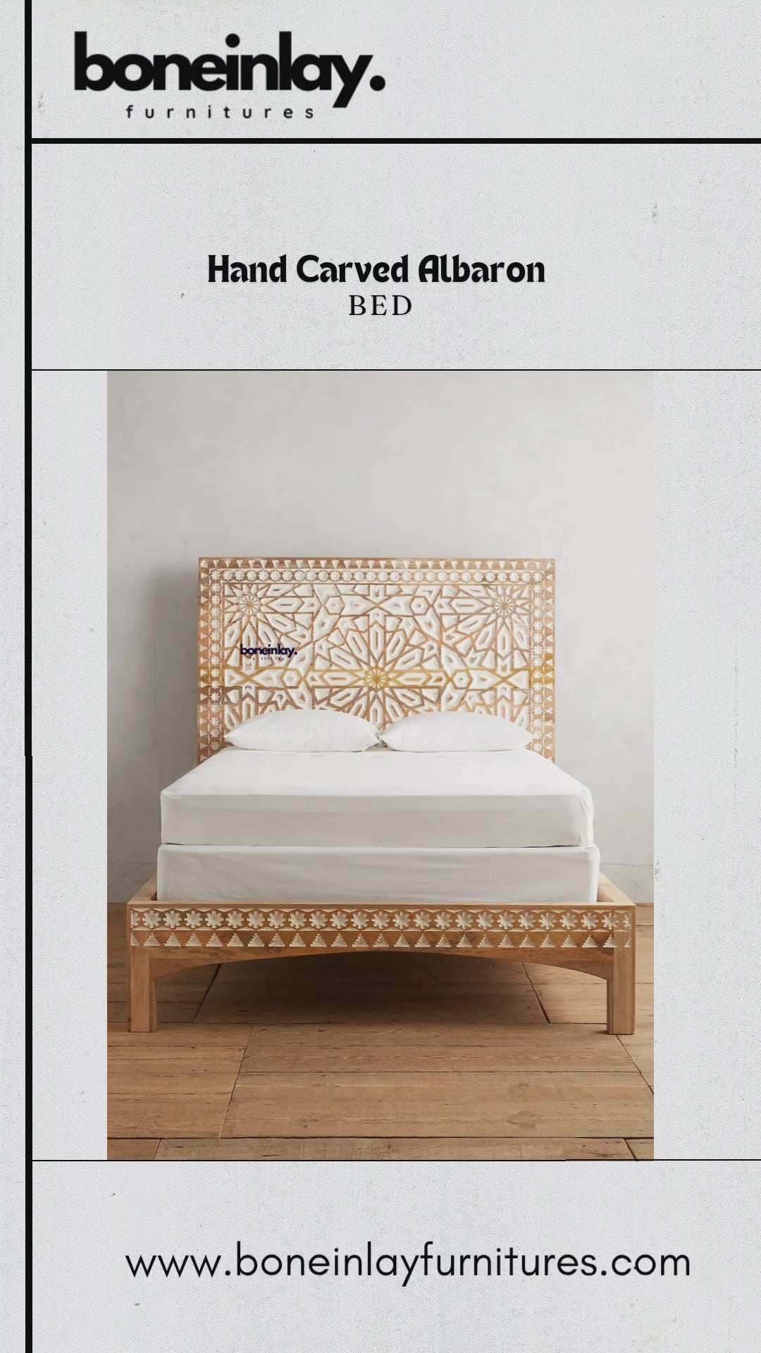Bohemian-style platform bed with an intricate carved wooden headboard, showcasing a mix of modern minimalist structure and traditional hand-carved details