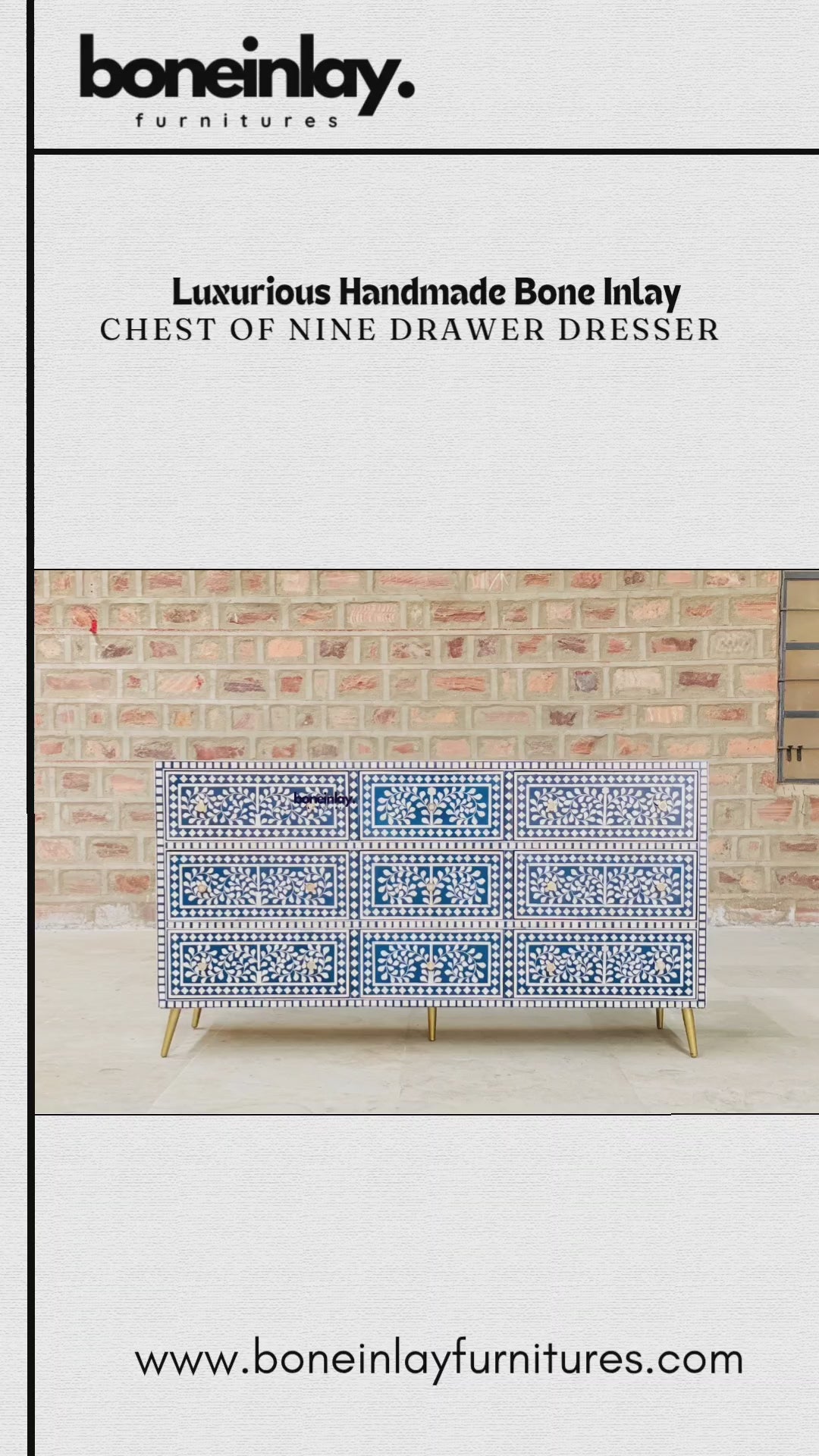 The video showcases a Luxurious Handmade Bone Inlay Chest of Nine Drawers. It features an intricate floral and leaf pattern in white against a deep blue background, accented with elegant gold-finished hardware and tapered legs. The clip highlights the artistry of the piece, showing a drawer opening to reveal a vibrant blue interior. It concludes with information on worldwide delivery and customization options available at boneinlayfurnitures.com.