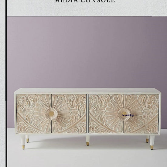 Hand Carved White Color Four Door Custom Media Console