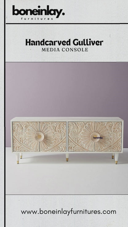 Hand Carved White Color Four Door Custom Media Console