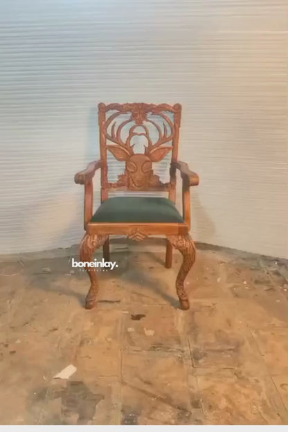 Hand-carved Menagerie Deer Armchair | Handmade Wooden Dining Chair in Whitewash