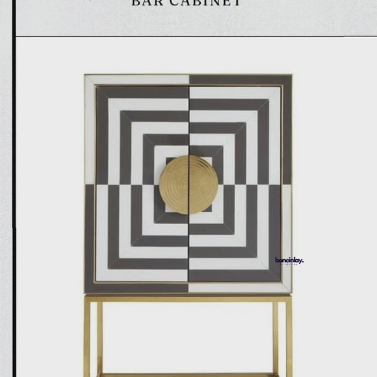 Product video of handmade bone inlay Art Deco bar cabinet in black and white concentric square optical illusion pattern with brass circular knob and gold metal stand