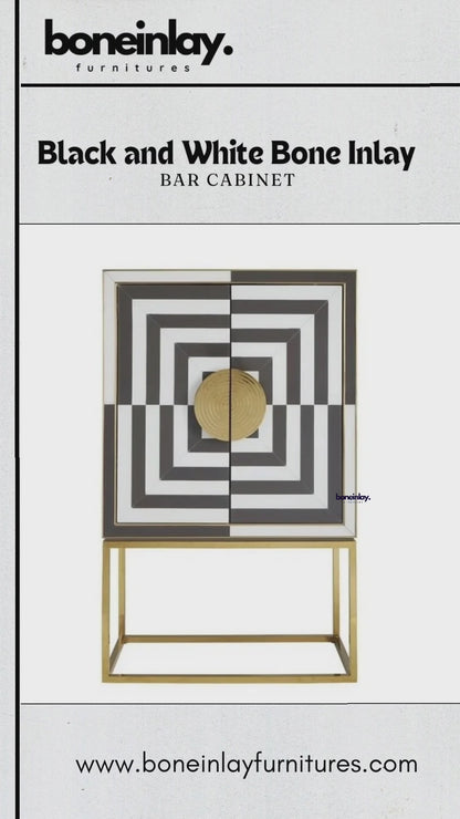 Product video of handmade bone inlay Art Deco bar cabinet in black and white concentric square optical illusion pattern with brass circular knob and gold metal stand