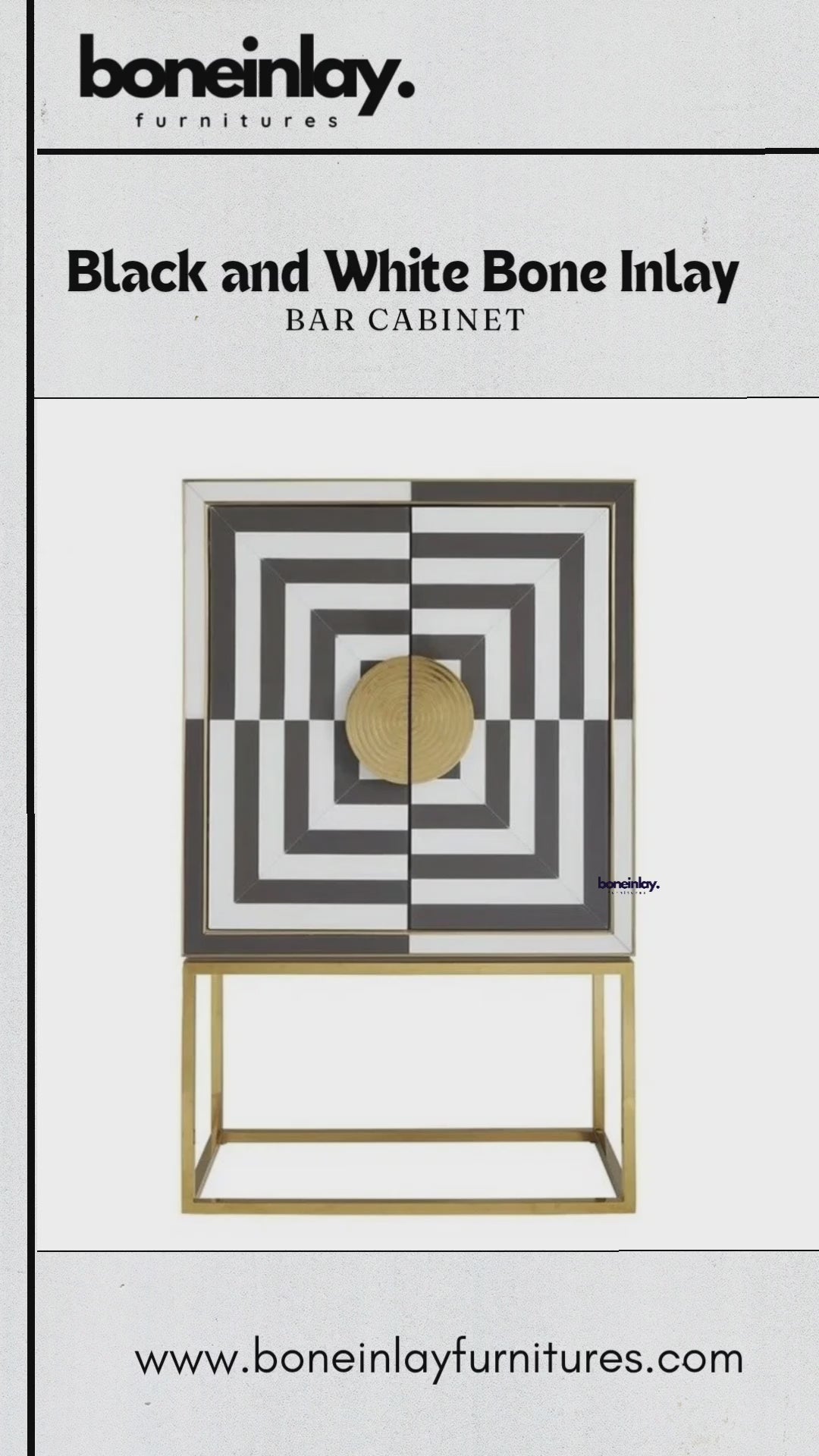 Product video of handmade bone inlay Art Deco bar cabinet in black and white concentric square optical illusion pattern with brass circular knob and gold metal stand