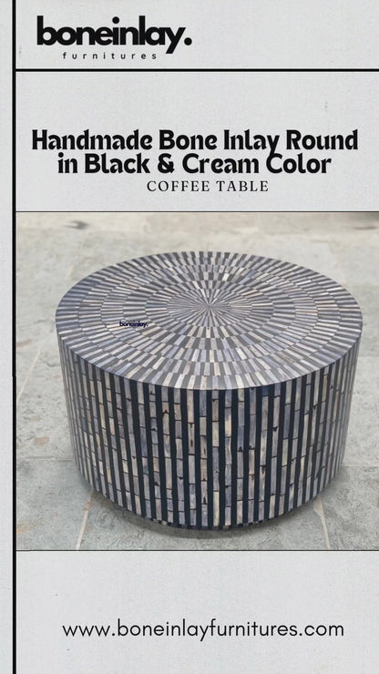 Stripped Handmade Bone Inlay Round Black and White Coffee Table