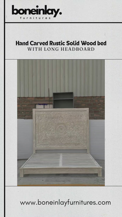 Hand Carved Rustic Solid Wood in White Color with Long Headboard