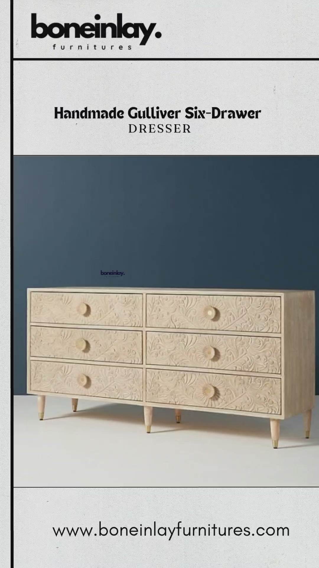 its natural, light-wood finish and intricate hand-carved floral patterns that cover the entire front surface. The video then transitions to a cinematic pan of the dresser in a workshop setting, providing a closer look at the organic texture and artisan detail.