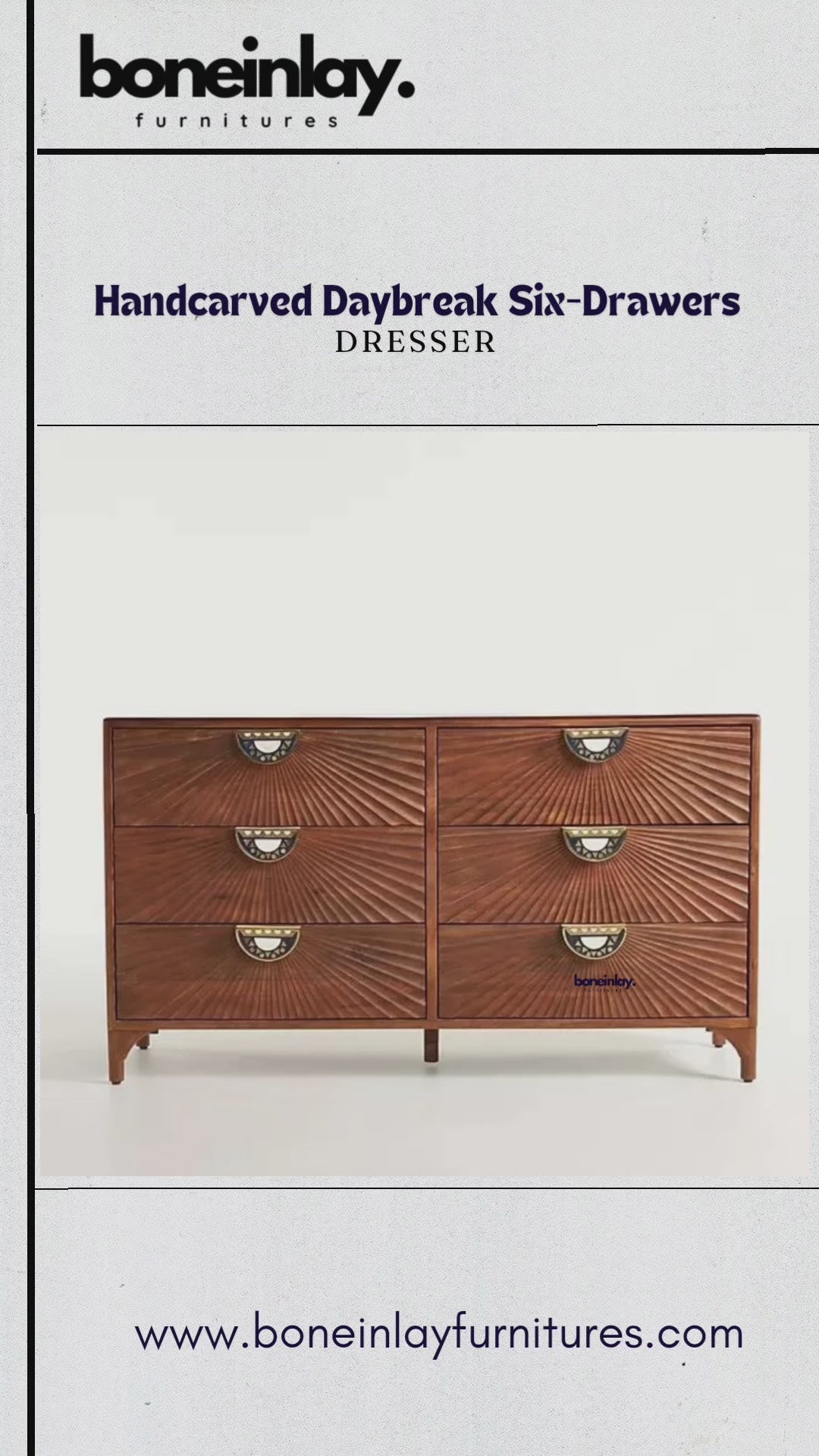 Close-up video of a solid wood Daybreak dresser featuring six spacious drawers. The camera pans over the intricate radial sunburst carvings on the drawer fronts and highlights the unique half-moon brass pulls with geometric carved details.
