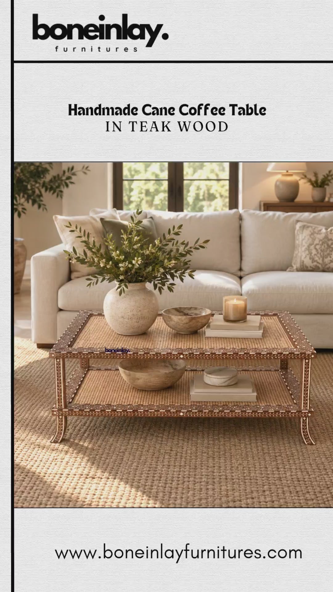 The video presents a handmade cane coffee table crafted in teak wood from Bone Inlay Furnitures. The rectangular two-tier table features woven cane panels on both shelves framed by intricate decorative inlay borders and curved legs. It is initially staged in a warm, cozy living room before being displayed on its own against a neutral background.