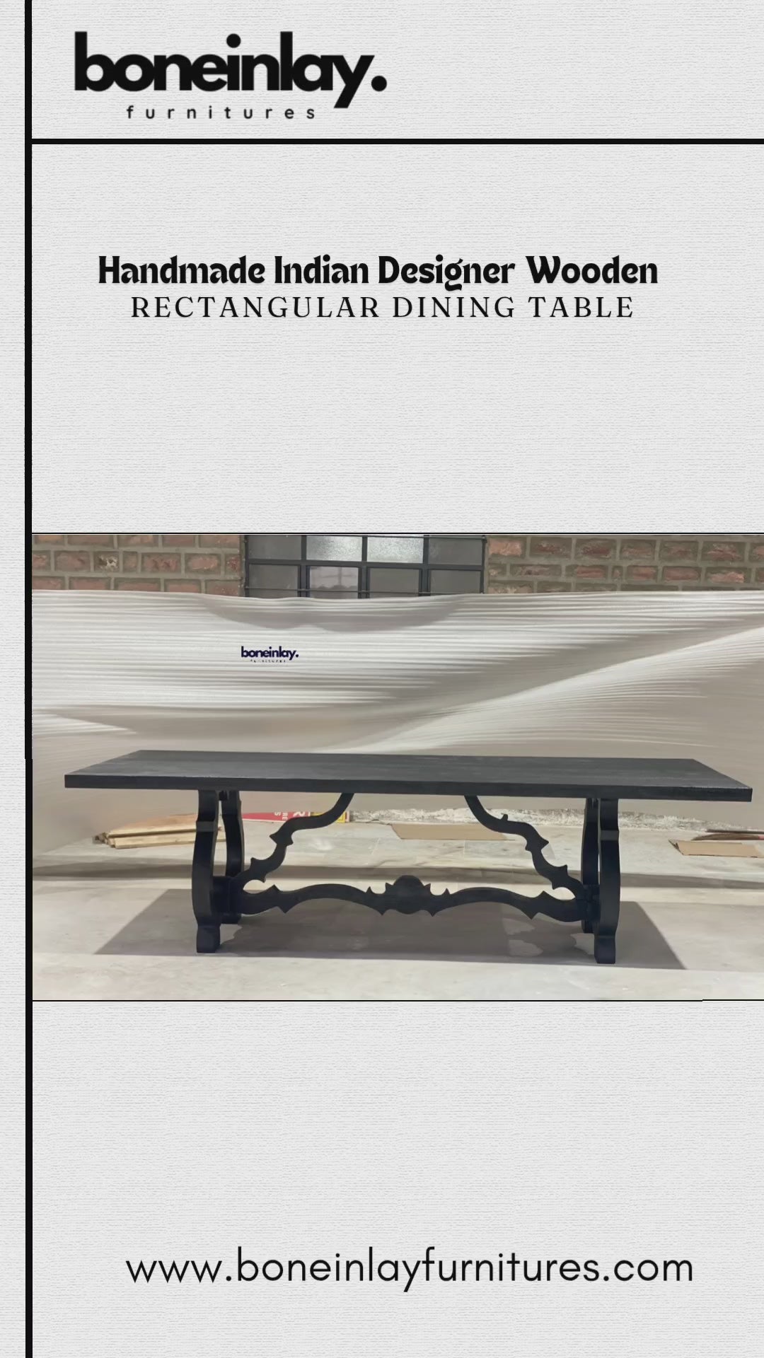 A factory video showcasing a solid wood Baroque trestle table with a hand-carved, sculptural base in matte black. The rectangular top features a textured finish, highlighting the artisanal quality of the handmade Indian design. The video promotes free worldwide delivery, customization, and bulk discounts.