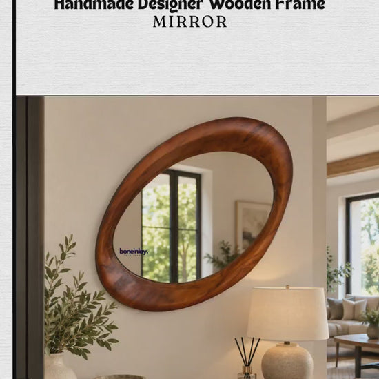Video of the Designer Wooden Frame Mirror, a handcrafted wooden mirror frame by Bone Inlay Furnitures. This elegant decorative wall mirror frame elevates bathroom and living room decor with its refined designer style and premium wooden craftsmanship.