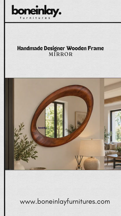 Video of the Designer Wooden Frame Mirror, a handcrafted wooden mirror frame by Bone Inlay Furnitures. This elegant decorative wall mirror frame elevates bathroom and living room decor with its refined designer style and premium wooden craftsmanship.