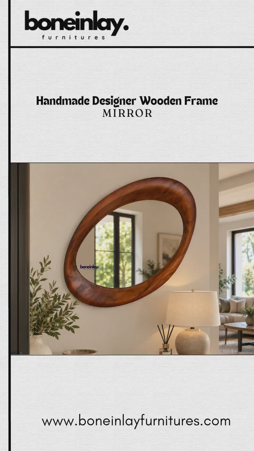 Video of the Designer Wooden Frame Mirror, a handcrafted wooden mirror frame by Bone Inlay Furnitures. This elegant decorative wall mirror frame elevates bathroom and living room decor with its refined designer style and premium wooden craftsmanship.