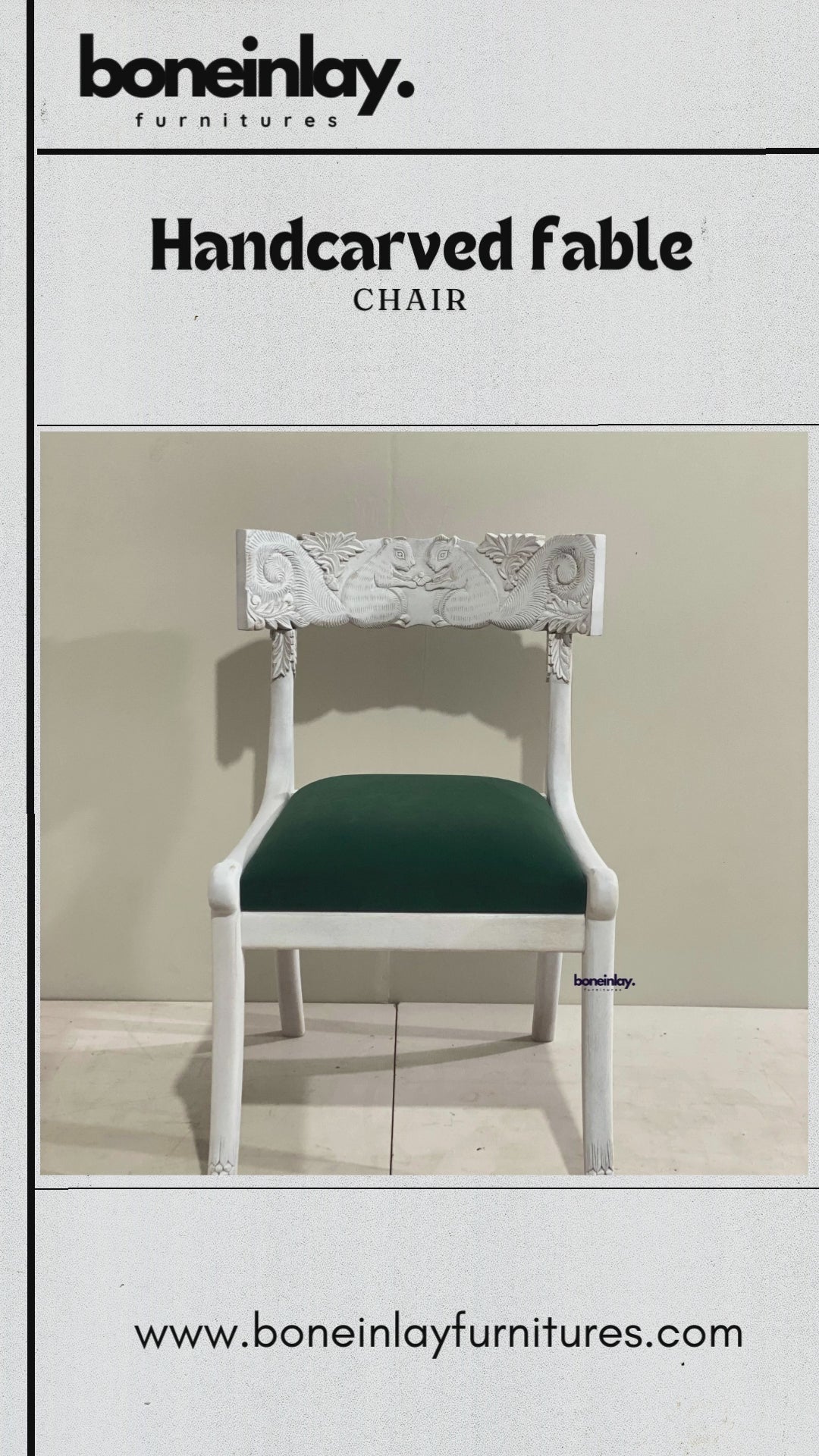 Artisan video showcasing the 'Fable' collection of hand-carved solid wood dining chairs, featuring intricate floral backrests, traditional chiseled patterns, and premium upholstered seating in a boutique workshop setting.