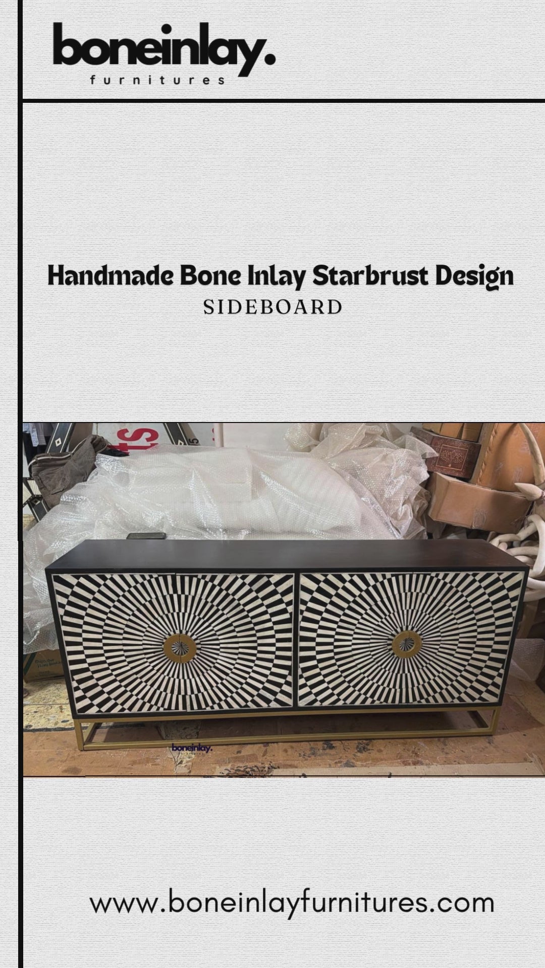 his "Handmade Bone Inlay Starburst Design Sideboard" features a striking, high-contrast geometric optical illusion pattern of radiating black and white tiles across its two cabinet doors. The center of each starburst is detailed with a large, decorative gold metallic circular ring handle that coordinates with the minimalist gold open frame base. The sideboard's clean-lined frame is finished in solid black, balancing its bold, graphic face with modern sophistication.