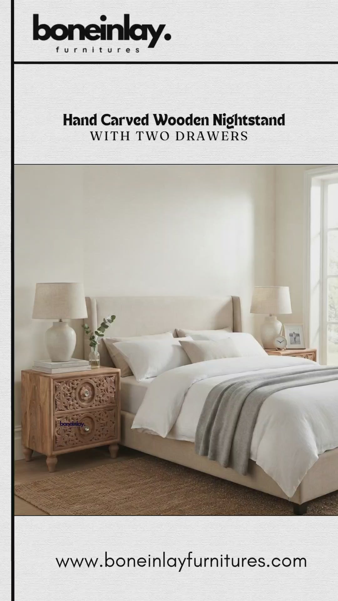Hand-carved wooden nightstand with a natural matte finish styled in a modern bedroom.

Features two smooth storage drawers adorned with intricate floral motif carvings and clear crystal knobs.

Complements organic modern, bohemian, and transitional bedroom interiors with elegant artisan craftsmanship.