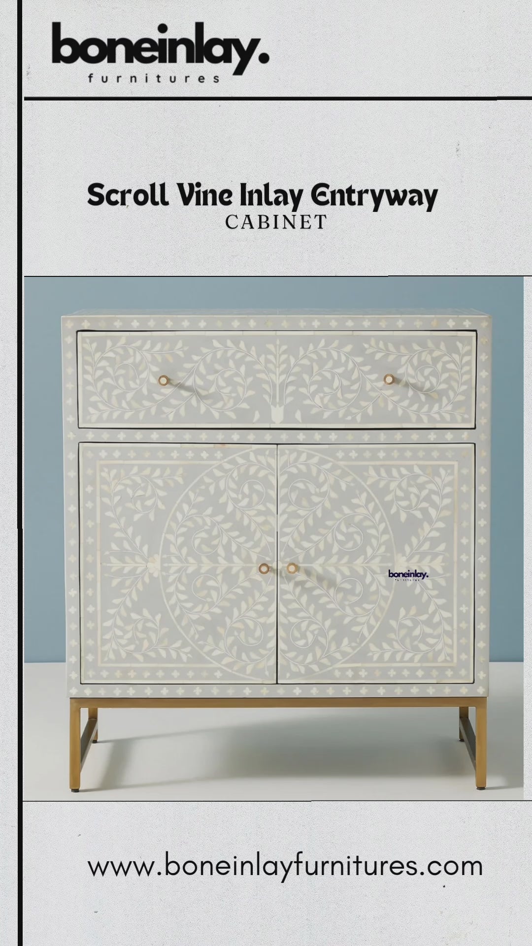 Scroll Vine Entryway Cabinet in gray bone inlay, shown in a video with the drawer and doors opening to reveal storage.