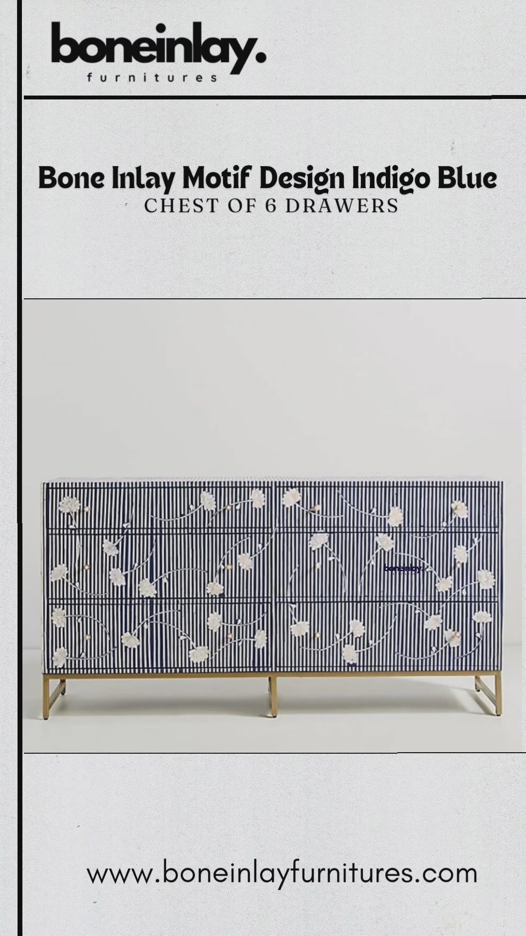 A close-up video showcasing a large, six-drawer indigo blue chest of drawers featuring a striking white bone inlay pattern. The design consists of thin horizontal stripes across the entire piece, accented by delicate floral motifs and round brass knobs. A person is shown opening the drawers, revealing a spacious, dark navy blue interior, emphasizing both the chest’s functionality and its artisanal, textured finish.