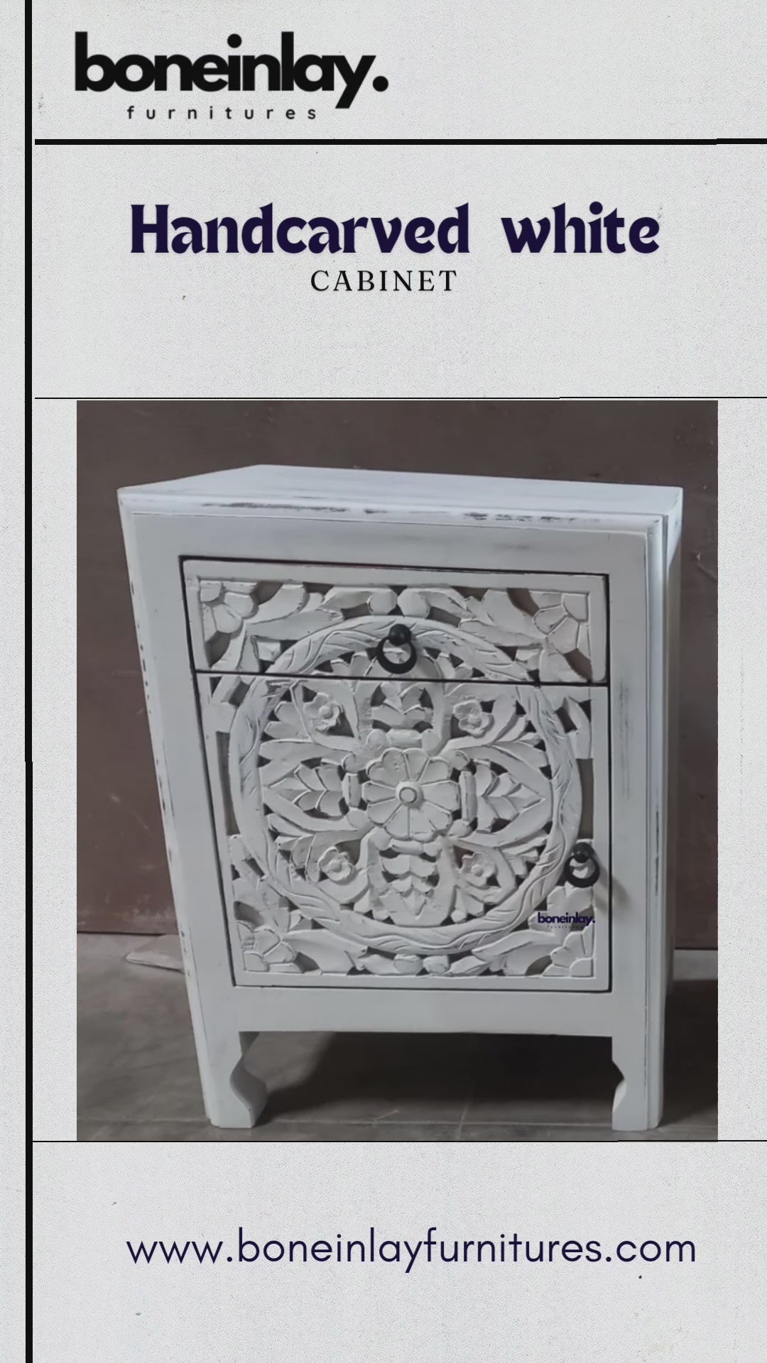 Hand-carved solid wood bedside table with a rustic finish, featuring a circular floral motif across the drawer and cabinet door, dark ring pulls, and shaped legs.
