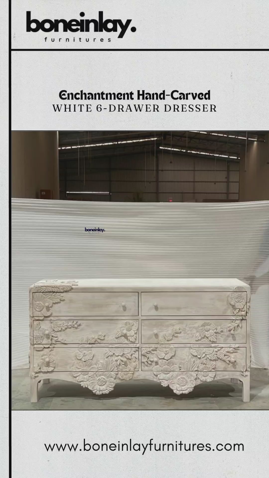 A wide, solid wood enchantment six drawers dresser in a distressed white finish, featuring six spacious drawers. The front of the piece is a masterpiece of craftsmanship, adorned with elaborate, 3D hand-carved floral sculptures that bloom across the drawer fronts and base.